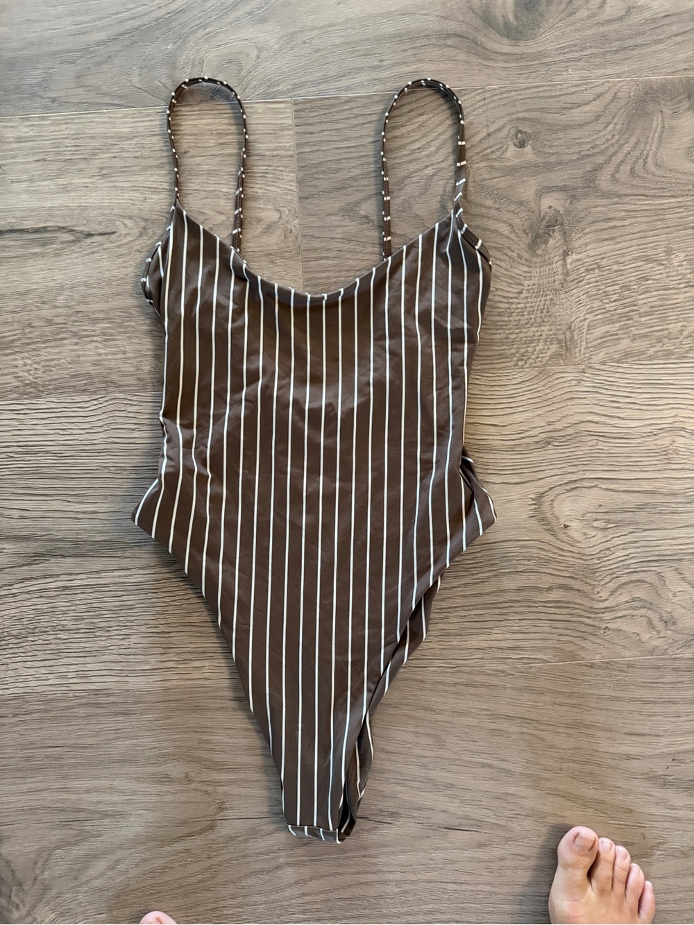 Brown Striped One-Piece Swimsuit with Thin Straps